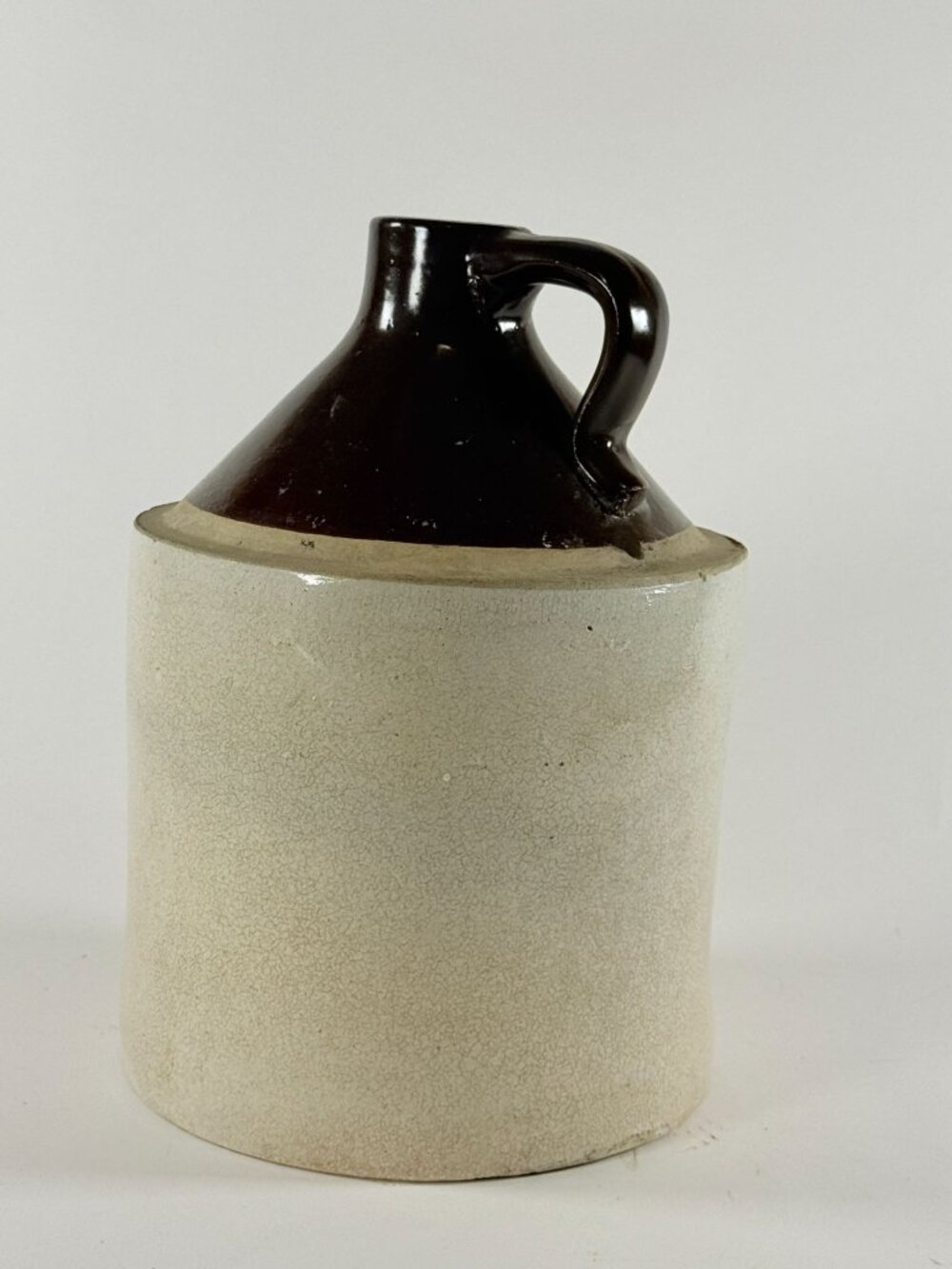 Stoneware 1 Gallon Crock Jug Brown Top White Bottom Rustic Glaze Handle Vintage